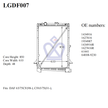 DAF truck radiator, 1434916, 1627416, 1954987, 61441, LGDF007