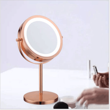 Specchio per il trucco reversibile LED LIT LIT con vetro di ingrandimento cosmetico in oro rosa