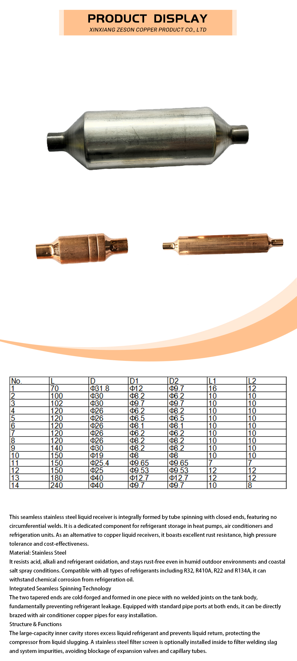 Seamless Stainless Steel Liquid Receiver x