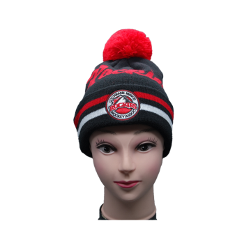 Beanie Rajut Klub Hoki Hitam dan Merah Bordir