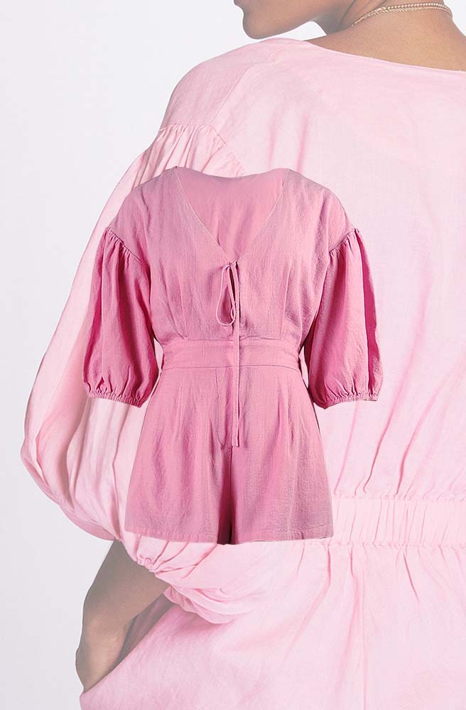 Skin-friendly V Neckline Puff-Sleeved Cotton Linen Romper