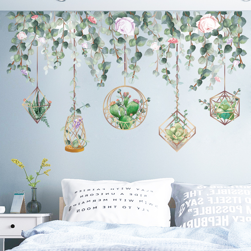 [shijuekongjian] Green Leaves Wall Stickers DIY Succulents Plants Wall Decals for Living Room Bedroom Kitchen House Decoration