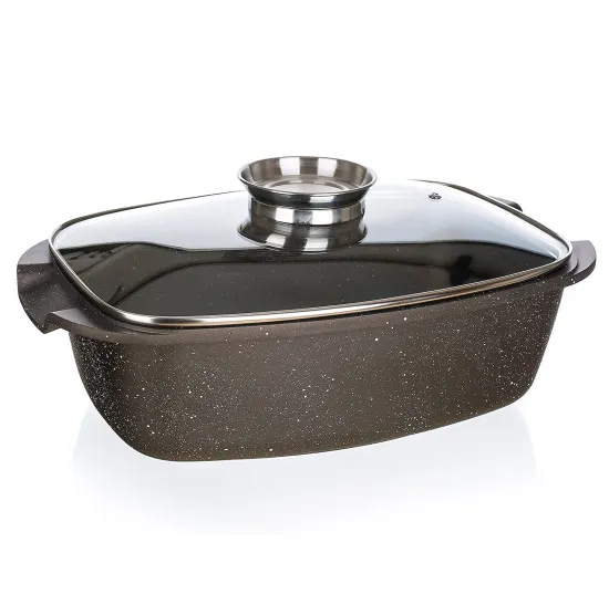 Die Cast Aluminum Roaster with Glass Lid - Non Stick Coating, Big Size, Oven Safe
