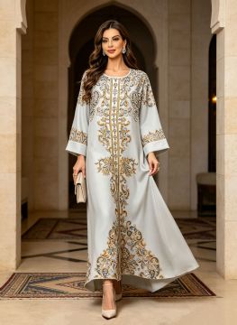 Gri Baskılı Kristal Taşlı Abaya Elbise