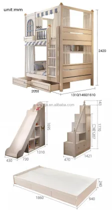 New Design Modern Children's Room Bunk Beds with Bookshelf and Slide Bed