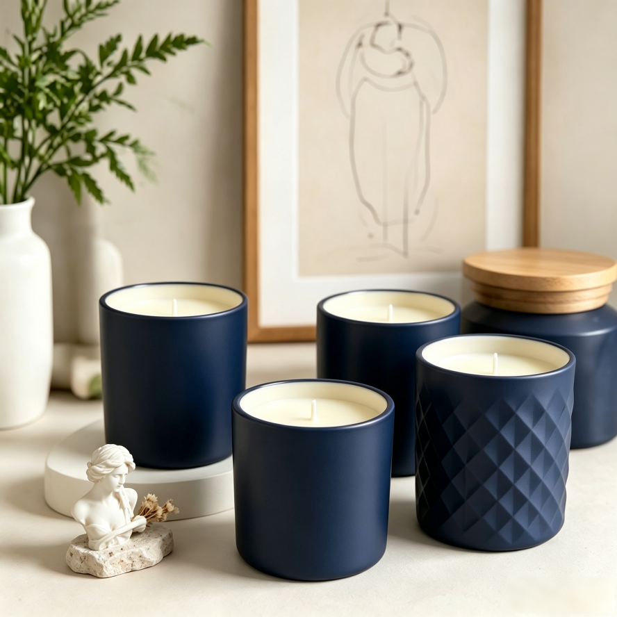 Premium scented candle in navy blue glass jar with smooth wax surface and clean cotton wick