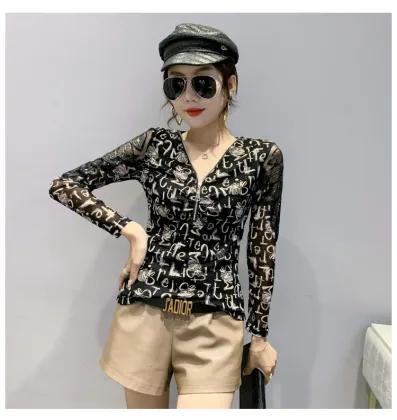 Mesh long-sleeved dressy top t-shirt