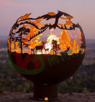 Outdoor Fire Pit Sphere: Corten Steel Garden Decor for Winter Woods Theme