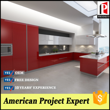 Red colored high gloss cabinets with kitchen accessories and radius sideboard