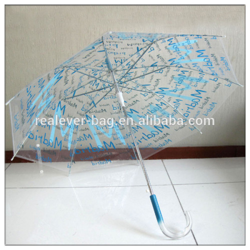 Clear POE umbrella with blue letters