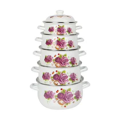 Purple Eternal Rose Cast-Iron Enamel Casserole Table Cookware Pot Set