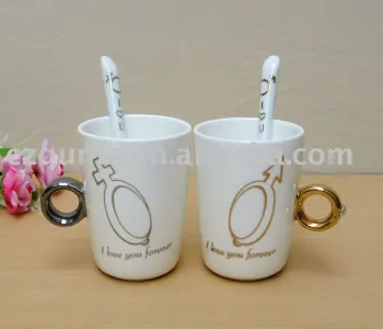 lovers white coffee ceramic tea cups with spoon