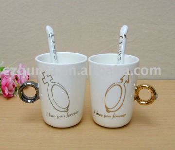 lovers white coffee ceramic tea cups with spoon