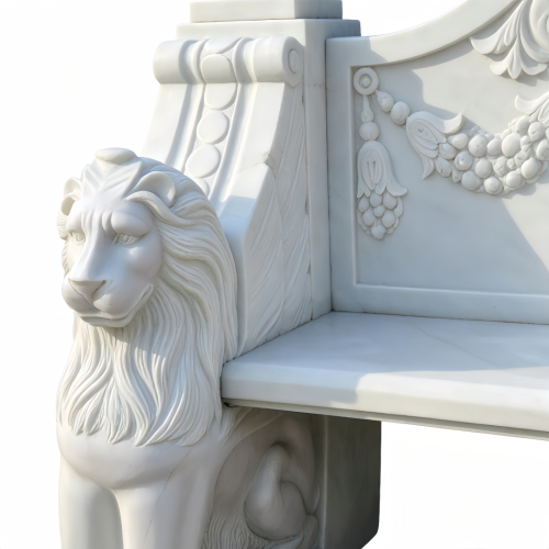 Elegant White Marble Garden Bench with Lion Statues