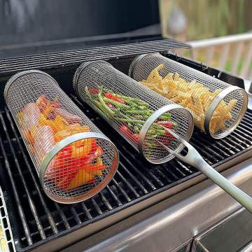 Cylinder Grilling Basket Stainless steel Barbecue Net Vegetables Meat Metal BBQ Net with Removable Mesh Cover