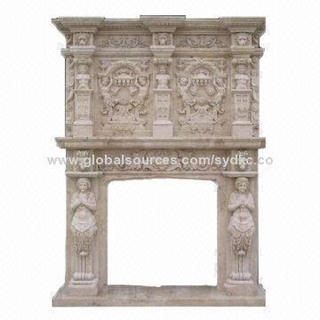 Freestanding Two-level Natural Marble Fireplace Mantel, 100% Hand Carved