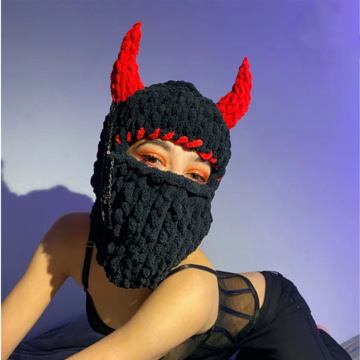 Custom Distressed Knitted Crochet Balaclava with Skull, Bunny Ears, and Horns