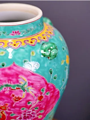 Hand-Painted Phoenix and Lion Head Ceramic Vase