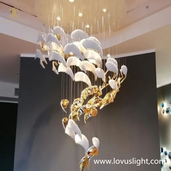 2022 custom high luxury feather shape chandelier Large project shopping mall chandelier Black and white golden chandelier