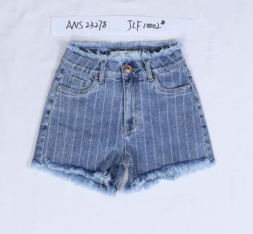 High-waisted Striped Frayed Denim Shorts