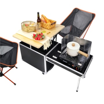 Tavolo da tè da picnic in campeggio portatile pieghevole con scatola di stoccaggio e ruote