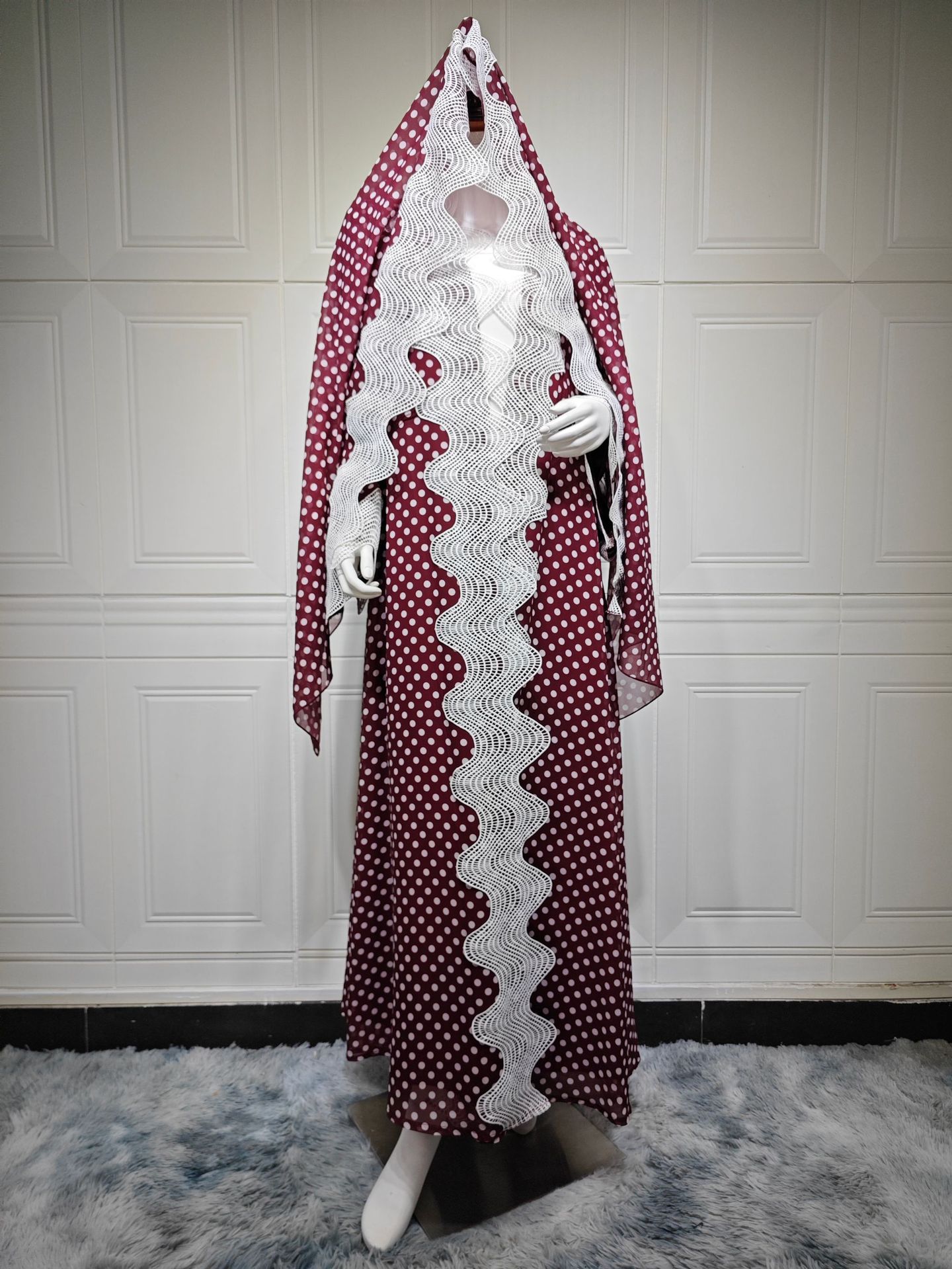 Polka Dot Chiffon Open Abaya with Wave Lace Trim Hijab Set (1)