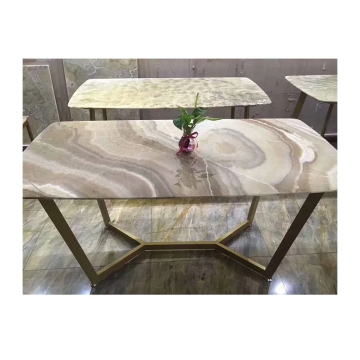 Çelik çerçeveli modern oniks mermer üst yemek masası (150x90x76cm)