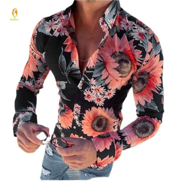 Men's Retro Long Sleeve Sunflower Print Slim Fit Hawaii Shirt