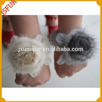 Fashion women's mink flower fur hair ties with balls
