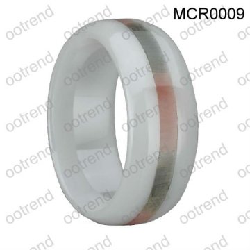 Cute white high-tech ceramic rings with carbon fiber inlaid, scratch proof features white ceramic rings