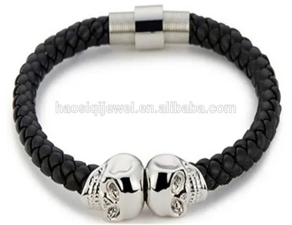2018 black plated the north skull metal charm black leather men skull bracelet for wholesale