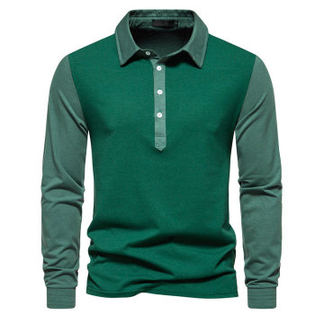 European and American Men's Color Blocked Lapel Long Sleeved Polo Shirt for Autumn and Winter