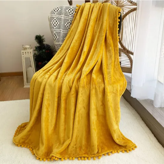 Throw Cozy Flannel Blanket with Pompom | Yellow Fuzzy Blanket for Couch | 51x63Inches