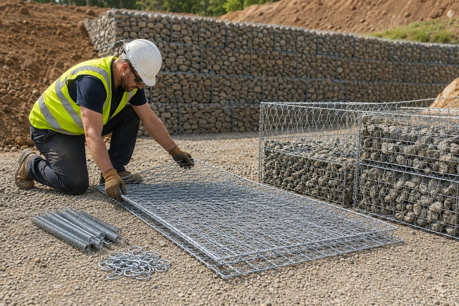 ANJIA Group gabion basket assembly process showing flat-pack unfolding on prepared gravel base