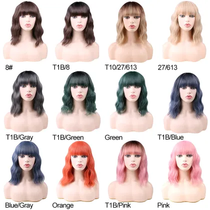 Cute Realistic High Quality Water Wave Short Best Curly Synthetic Bob Cosplay Cheap Pink Paula Young Wigs With Bangs For Women