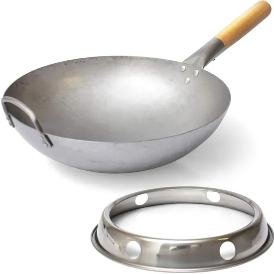 Eco-Friendly 32cm Hand-Hammered Carbon Steel Wok Set with Wood Handle and Lid