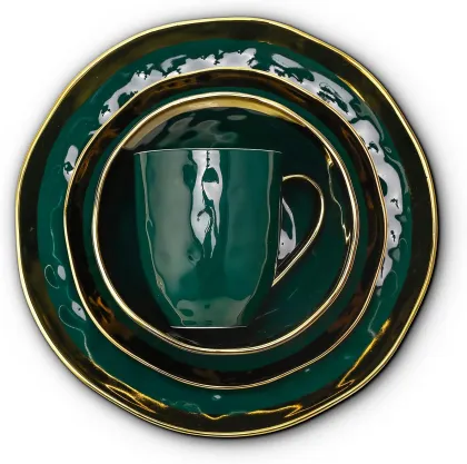 Stone Lain Florian Modern Porcelain 16 Piece Dinnerware Set, Plates and Bowls Set, Dish set for 4, Green and Golden Rim