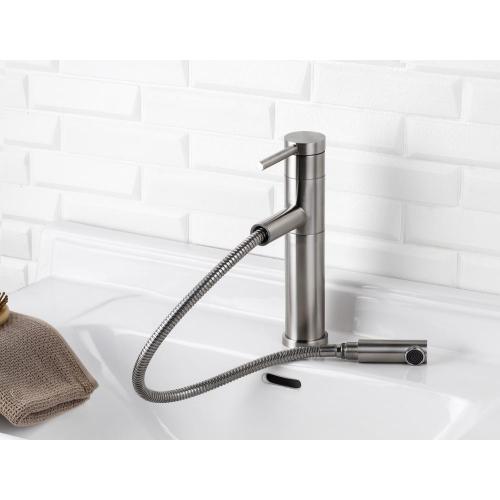 Stainless steel single hole 180-rotary pull-out basin faucet