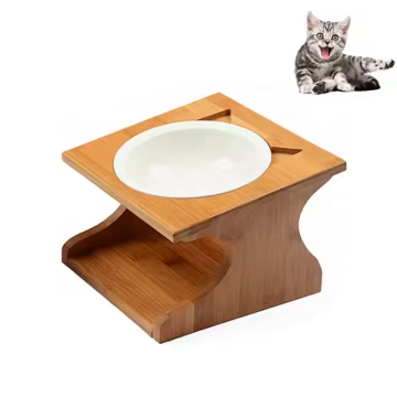 Wholesale Bamboo Elevated Cat Food and Water Bowl Holder with 2 Ceramic Bowls for Cats and Dogs