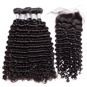 Wholesale 100% Remy Human Hair Bundles Deep Wave Bundles With Closure Virgin Cuticle Aligned Hair Human Hair Extensions