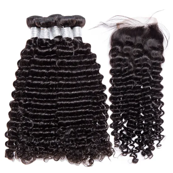 Wholesale 100% Remy Human Hair Bundles Deep Wave Bundles With Closure Virgin Cuticle Aligned Hair Human Hair Extensions