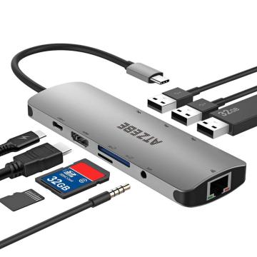 ATZEBE USB-C Hub, 9-in-1 Type C Adapter with USB 3.0 HDMI SD TF 3.5AUX RJ45 PD for MacBook, USB Type C Multiport Adapter