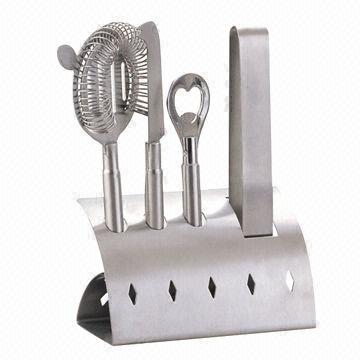 Bar set/wine tools, stainless steel, includes ice tong, strainer, bottle opener and cheese knife