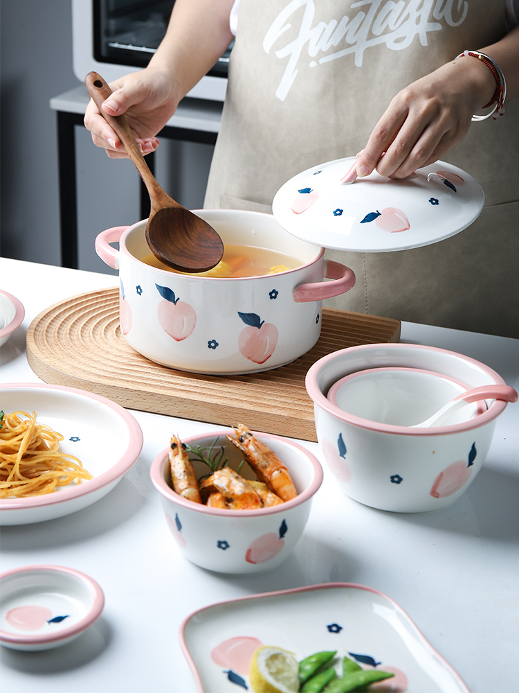 Fresh Peach Ceramic Dinner Plate Set And Dishes Milk Pot Creative Rice Soup Bowl Steak Sushi Plate Household Breakfast Set