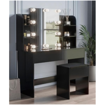 Table de coiffure à bulles noires carrées modernes avec tiroirs - miroir complet inclus