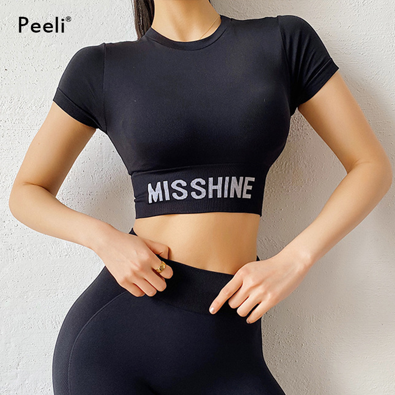 Peeli Short Sleeve Gym Top Sports Shirt Women Yoga Top Fitness Cropped Top Sport Running Active Wear Breathable Workout T-Shirts
