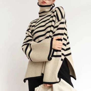 Autumn Winter Loose Stripe Turtleneck Pullover Sweater for Women