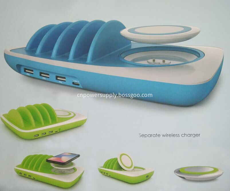 Desk Top 4 Usb Charging Station With Separate Wireless Charger 3 In 1 Wireless Charging Pad