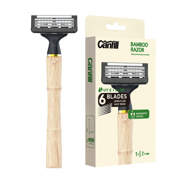 Customizable Bamboo Shaving Razor with Magnetic Connection and 6 Blades for Men