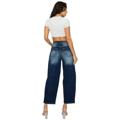 Women Casual Dark Blue Cropped Jeans Stretch Denim Pants